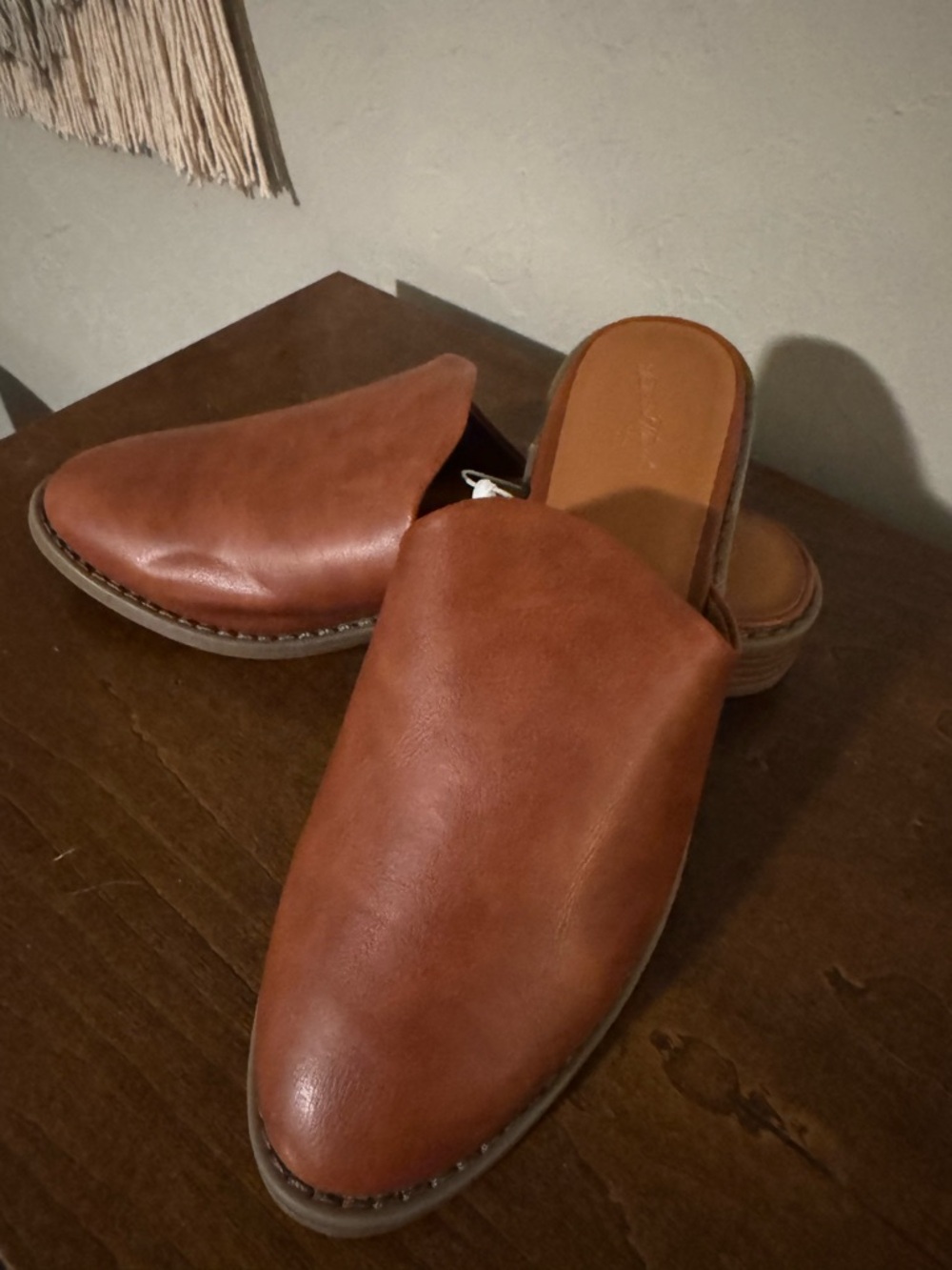 Women's Leather Slip-On Mules in Cognac Brown - NWT